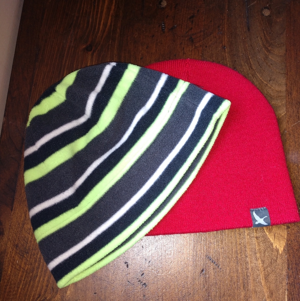 Boys knit and fleece hats.  Fleece size 8-16.